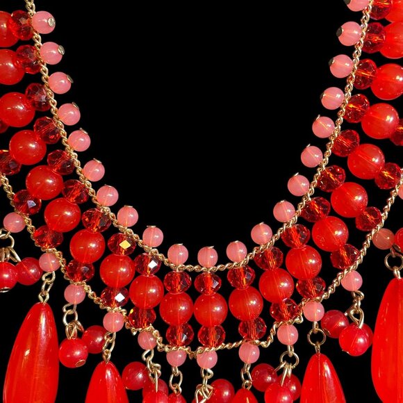 Bold Red & Pink Beaded Statement Necklace - Gold-Tone Chain, Teardrop Dangles - Picture 6 of 7